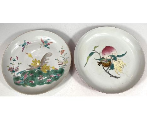 A two Chinese dishes one with polychrome decoration of butterflies with seal mark to base, 24.5cm and another dish with fruit
