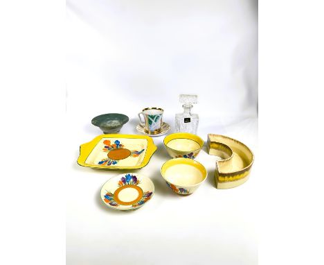 Four pieces of Clarice Cliff Crocus pattern for Wilkinson Ltd:&nbsp; square shallow dish, length 27cm; 2 bowls, diameters 13 