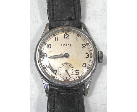 A Grana military watch with cream and Arabic numerals, subsidiary seconds hand (minutes hand detached), stainless steel case 