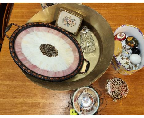 A feather and wood tray, silver topped bottle, brass &amp; eggs etc.; a stuffed cow and a Royal Worcester boy. 