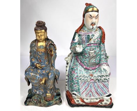 Two Chinese figures one polychrome decorated sat in chair height 34cm (bearing damage) and a gilt ground buddha, impressed se