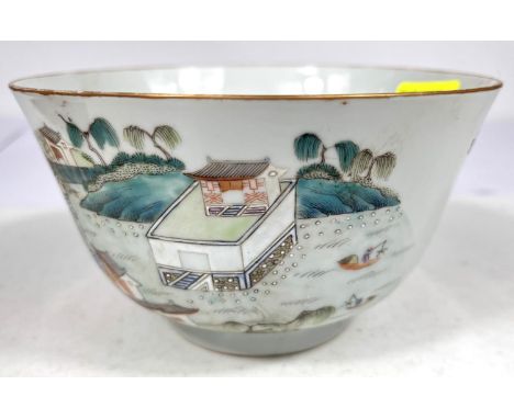A Chinese famille vert bowl decorated with traditional house with fishing in the river, seal mark to base, diameter 16.5cm&nb