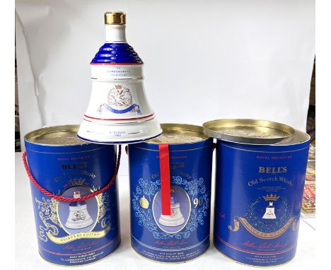 Three 75cl Bells 'Old Scotch Whisky' Royal Commemorative boxes and Wade porcelain decanters