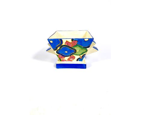 A Clarice Cliff Art Deco vase of square tapering form and on square base decorated in the Blue Chintz pattern, printed mark f