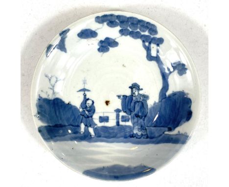 A Chinese blue and white dish with figures and trees, seal mark to base, di. 18.5cm 