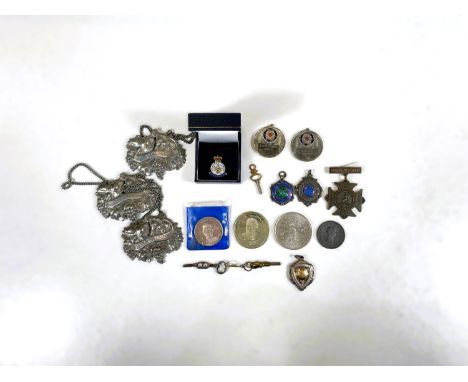 Three sport medallions in silver enamel/gilt; other silver coins; badges; etc. 