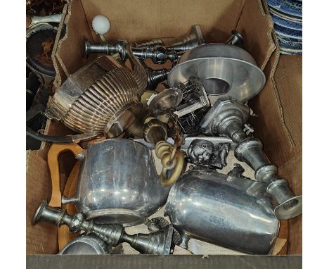 A four piece Picout tea service including tray; chrome candlesticks; pewter etc. 