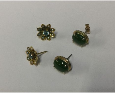 A pair of pearl mounted ear pendants set in gold etc. Approx. 5 grams. Est. £50 - £80.