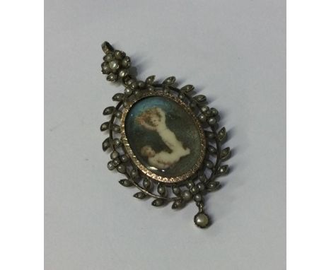 An attractive Antique oval miniature depicting children in pearl frame. Approx. 12 grams. Est. £50 - £80.