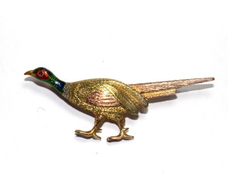 A gold coloured metal and enamel pheasant brooch 