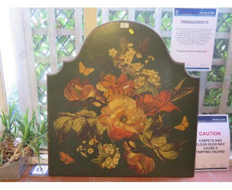 A printed firescreen, depicting flowers in the Dutch Style, on folding supports 75 x 73 cm 