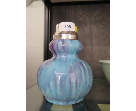 An early 20th century art studio pottery vase, gourd shaped with turquoise blue drip glaze and silver hallmarked collar, Lond