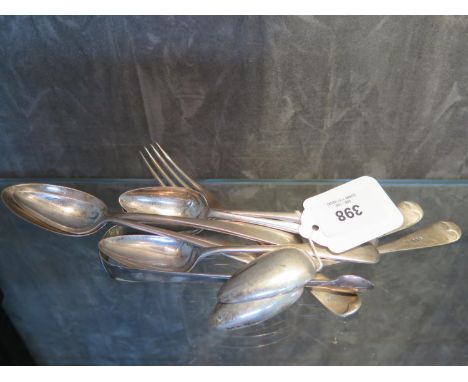 A set of six silver tea spoons, a pair of sugar tongs, and a fork and spoon set with engraved name, total weight, 300g, (9) 