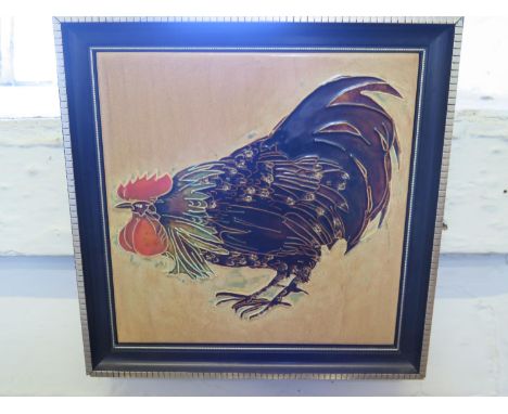 A framed Majolica tile depicting a cockerel, by Maw &amp; Co. Ltd, 20.5 cm square 