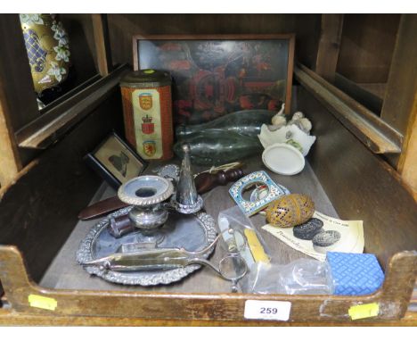 A Chinese lacquer panel, two small mosaic picture frames, a chamber stick, a treen egg shape pomander and other collectables 