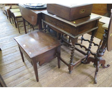 A 1930s oak canteen case, the hinged lid over a fitted drawer on barley-twist legs joined by stretchers, 68 cm wide, 45 cm de