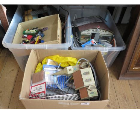 OO gauge lineside accessories including track, Fleischmann controller, lineside buildings, modelling tools and diecast vehicl