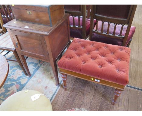 A Victorian walnut rectangular stool with button upholstery and fluted turned tapering legs, 60 x 43 cm, and a mahogany bedsi