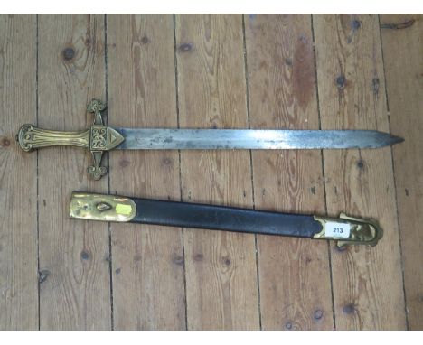 A Victorian drummers sword, with brass handle and leather scabbard, total length 66 cm, without scabbard 62 cm 