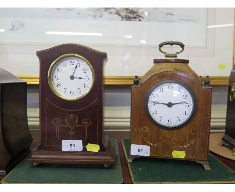 An Edwardian inlaid mahogany table clock timepiece, 23 cm high and another similar, 25 cm high (2) 