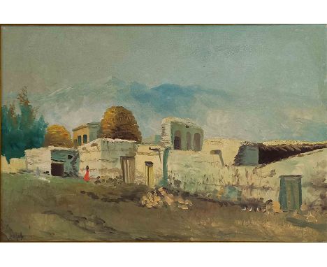 UNDEUTLICH SIGNIERT (XX). Berber Dorf.40 cm x 60 cm. Gemälde. Öl auf Tafel. I, Hintergrund wohl der Hohe Atlas Marroko. Links