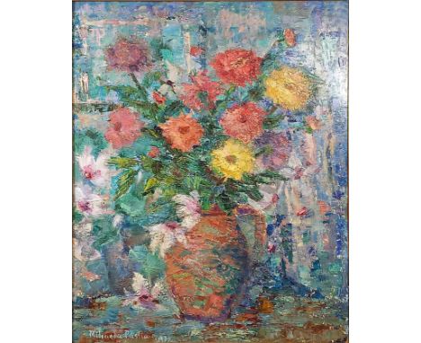 Michaela Pastia (XX): Blumen in einer Vase. 1972.57 cm x 46 cm. Gemälde. Öl auf Tafel. Links unten signiert und datiert. Mode