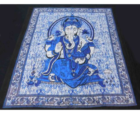 Ganesha Wandbehang. Indien. Handarbeit.236 cm x 215 cm. Handarbeit, wohl auch Batik, Block Print, gemalt. Indigo auf Baumwoll