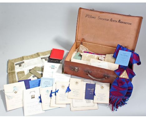 Masonic case, with apron, booklets, sash, etc, (qty)