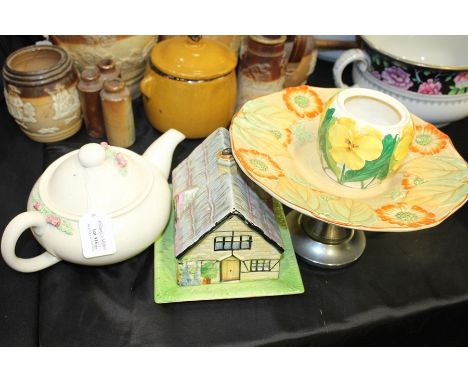 Minton preserve pot and cover with butterfly finial, Carlton Ware teapot with raised floral decoration, cottage form butter d