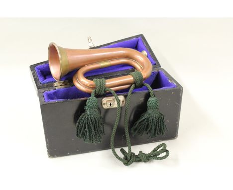 Bugle held in wooden case, marked Henry Potter &amp; Co, 36-38 West Street, Charing + Road, London