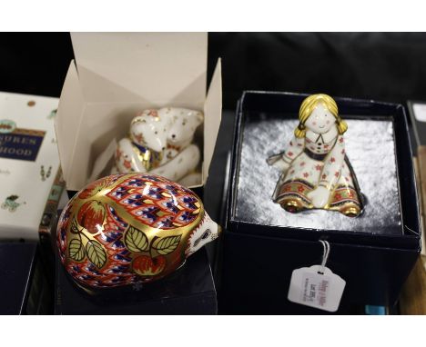 Four Royal Crown Derby paperweights, treasures of childhood- Fleur and ragdoll, teddy bear couple, orchard hedgehog, Royal Cr