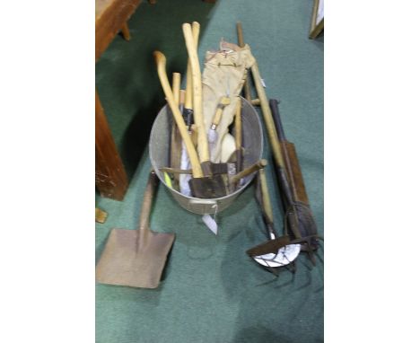 Collection of vintage tools, axe, mattock, hoes, files, shovels, together with some vintage doors fittings, etc, (Qty)