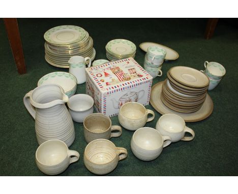 Part dinner service, with plates, cups and saucers, bowl etc, together with a pottery service, a boxed teapot and a dish, (qt