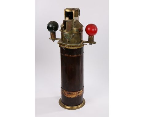Ships binnacle, the brass top enclosing the compass with Pat No 921, No 135E, above the column base, 123cm high