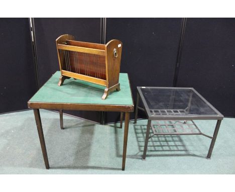 Victorian style canterbury, folding card table with green baize top, metal table frame with pierced undertier (3)