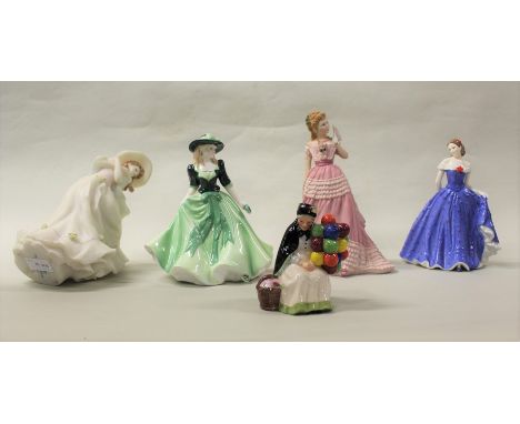 Royal Doulton miniature old balloon seller, Royal Worcester figures, Isabelle and Holly, Wedgwood figure, enchanted evening, 