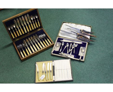 Silver plated cased sets, to include a fish knife and fork set, a part knife set and another set, also together with a stag a