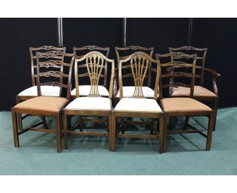 Set of six Georgian style dining chairs, with pierced ladder backs, overstuffed drop in seats, on chamfered legs, consisting 