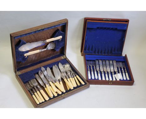 Cased cutlery, to include a part mother of pearl handled set and a fish knife and fork canteen 