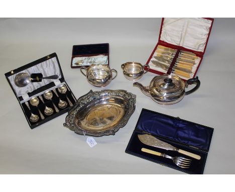 Collection of Silver Plated Wares, to include cased sets a three piece tea service and a basket, (qty)