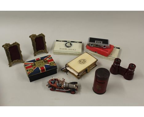 Moneybox in the form of a George V postbox, George VI moneybox, two brass picture frames, opera glasses, Corgi Chitty Chitty 