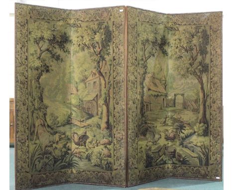 Tapestry four fold screen depicting a pastoral scene, 248cm wide