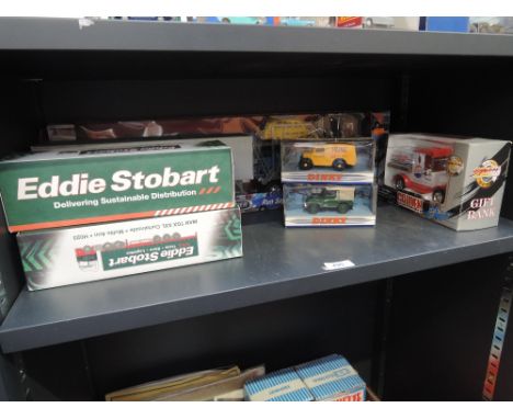 A shelf of modern die-casts including Dinky, Atlas etc, all boxed