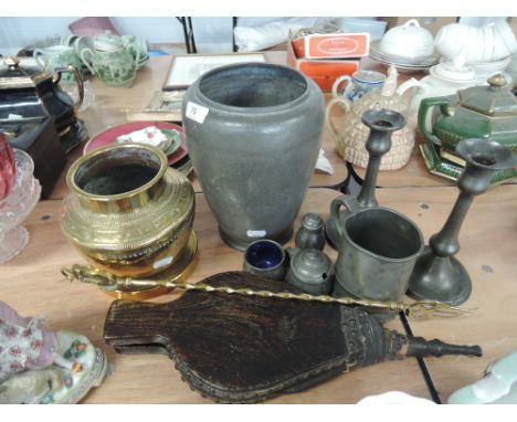 A selection of pewter including a round head vase, candlesticks and Tudric part cruet also brass and vintage bellows etc