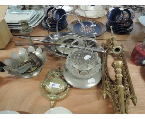 A miscellaneous selection including plated ware, brass candlestick, vintage corkscrew etc