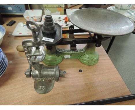 A set of vintage scales and weights and National mincer