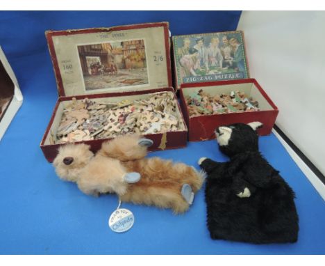 Two vintage wooden Jigsaw puzzles, Zig Zag and Simpkin Marshal, a glove puppet and a Chilprofe pram toy