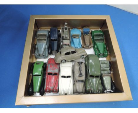 Thirteen Dinky and Mettoy die-cast vintage cars including Lagonda, Jaguar, Morris Oxford etc