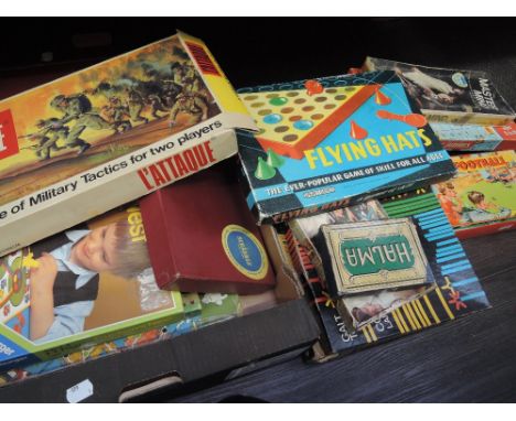 A selection of vintage board and card games including L'attaque, Blow Football, Frustration etc