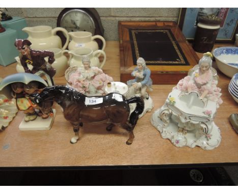 Two Dresden crinoline style ornaments, Beswick horse A/F and Hummel style figurine etc 